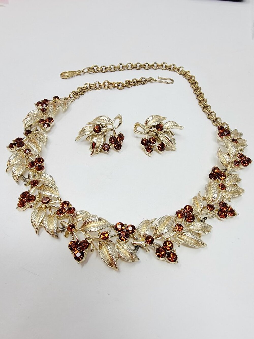 Vintage Gold Tone Floral Rhinestone Necklace & Earrings Set Coro Style Statement